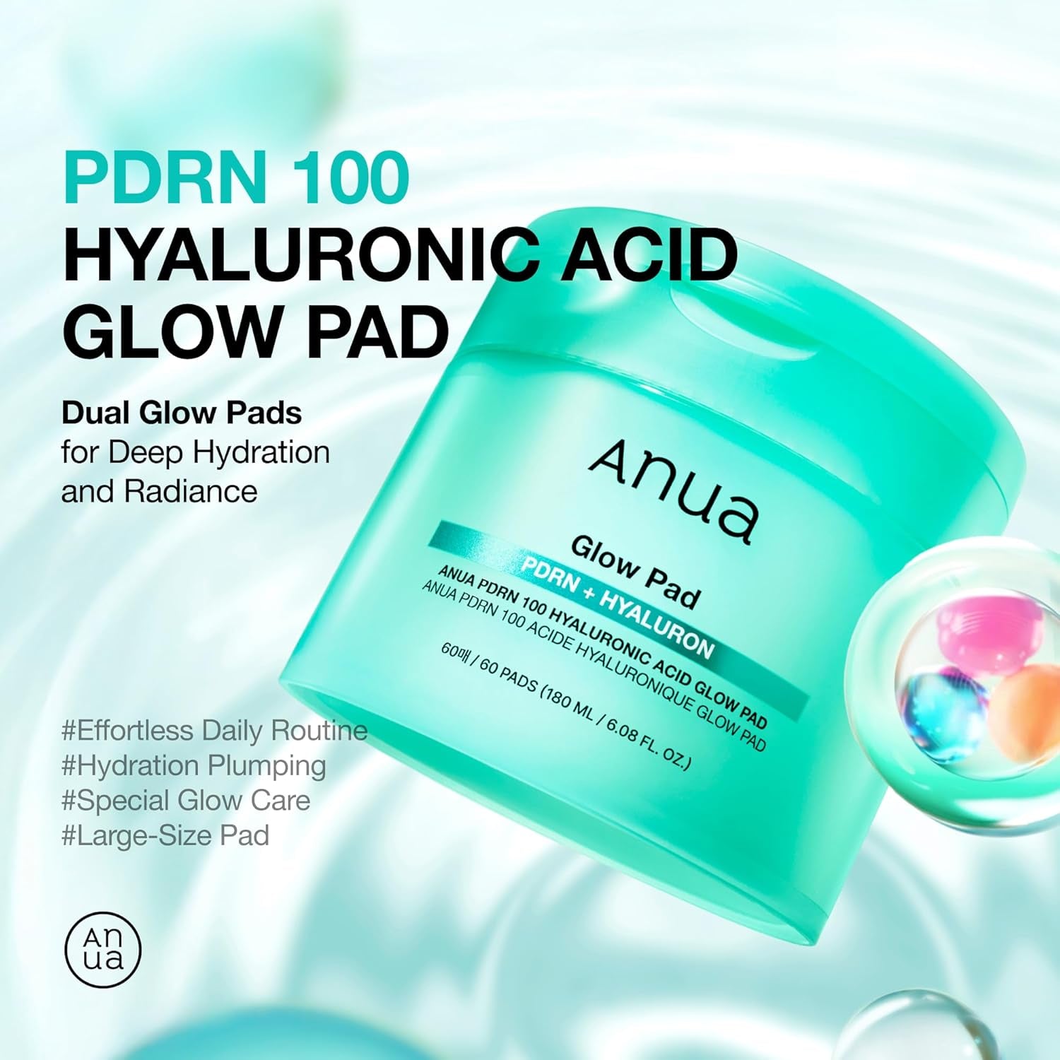 PDRN 100 Hyaluronic Acid, Hydrating Dual-Textured Toner Pads, Salmon DNA & Collagen Face for Glass Skin Glow & Makeup Prep, Sensitive & Dry Skin, Korean Skincare, 6.1 Fl Oz, 60 Count